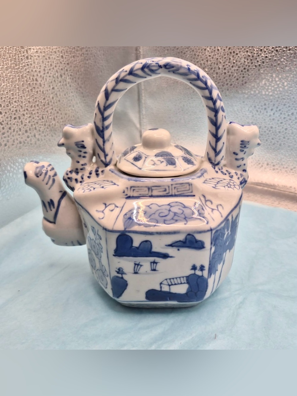 Vintage Blue & White Chinese Small Teapot - Canton Style Oriental Decor